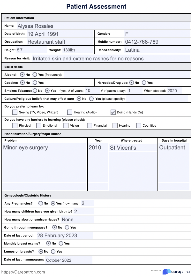 Patient Assessment Example Free PDF Download
